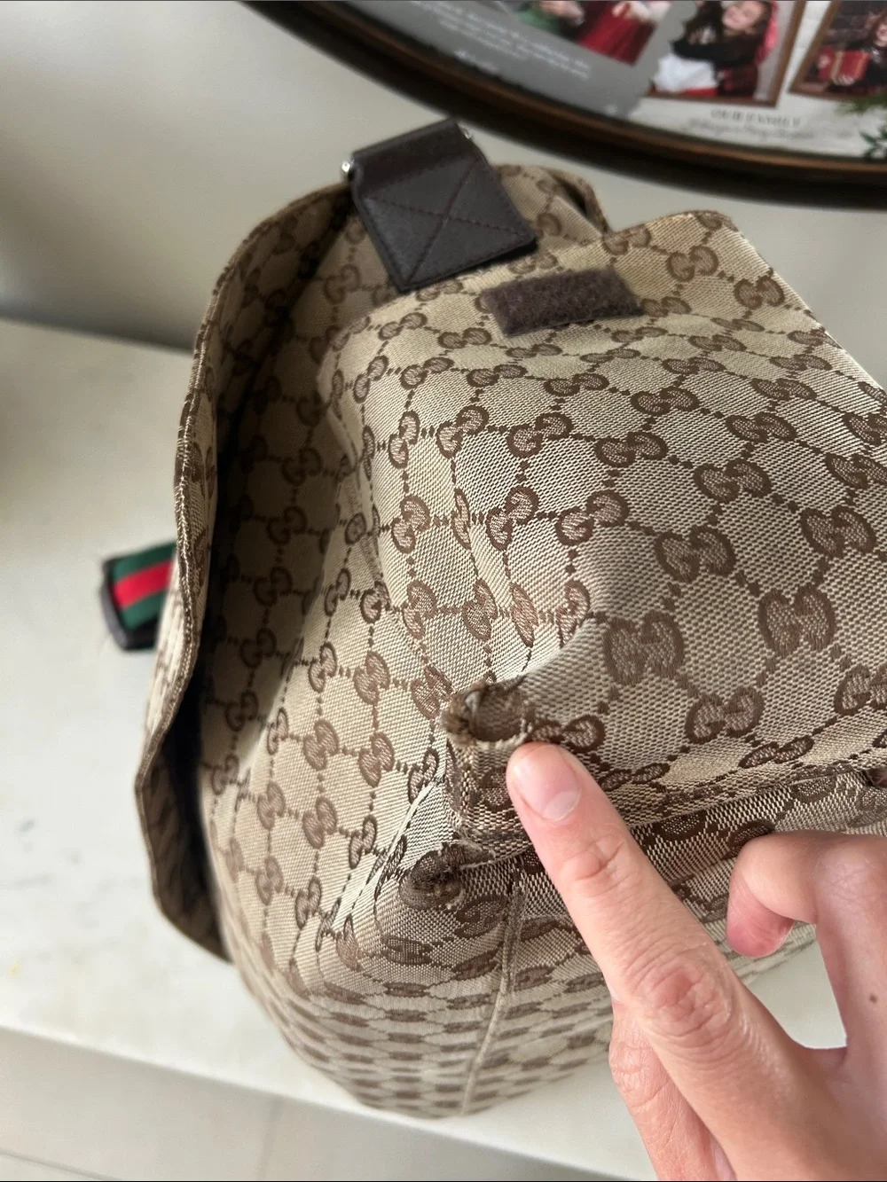 Gucci Beige/Brown GG Supreme Canvas Messenger Bag with Green-Red Web Strap
